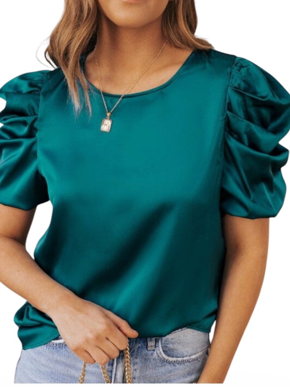 Entro Deep Green Bubble Sleeve Blouse